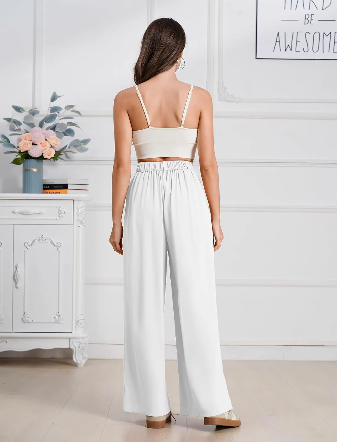 ODIZLI Women Casual Wide Leg Pants Elastic High Waist Dress Pants for Women Straight Trousers Pants