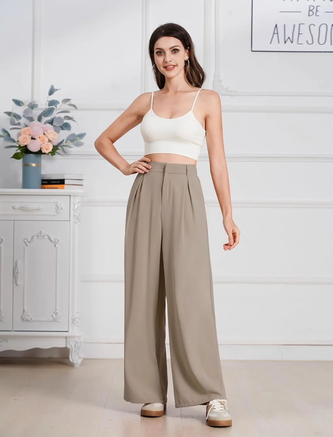 ODIZLI Women Casual Wide Leg Pants Elastic High Waist Dress Pants for Women Straight Trousers Pants