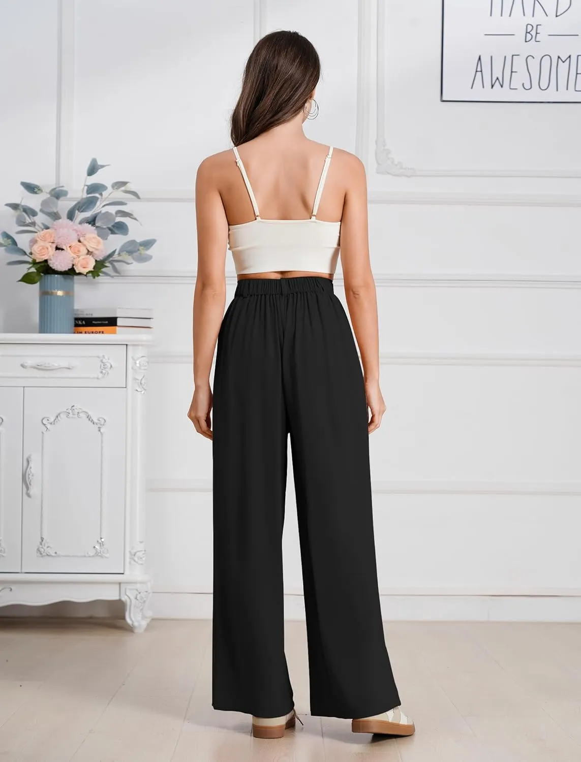ODIZLI Women Casual Wide Leg Pants Elastic High Waist Dress Pants for Women Straight Trousers Pants
