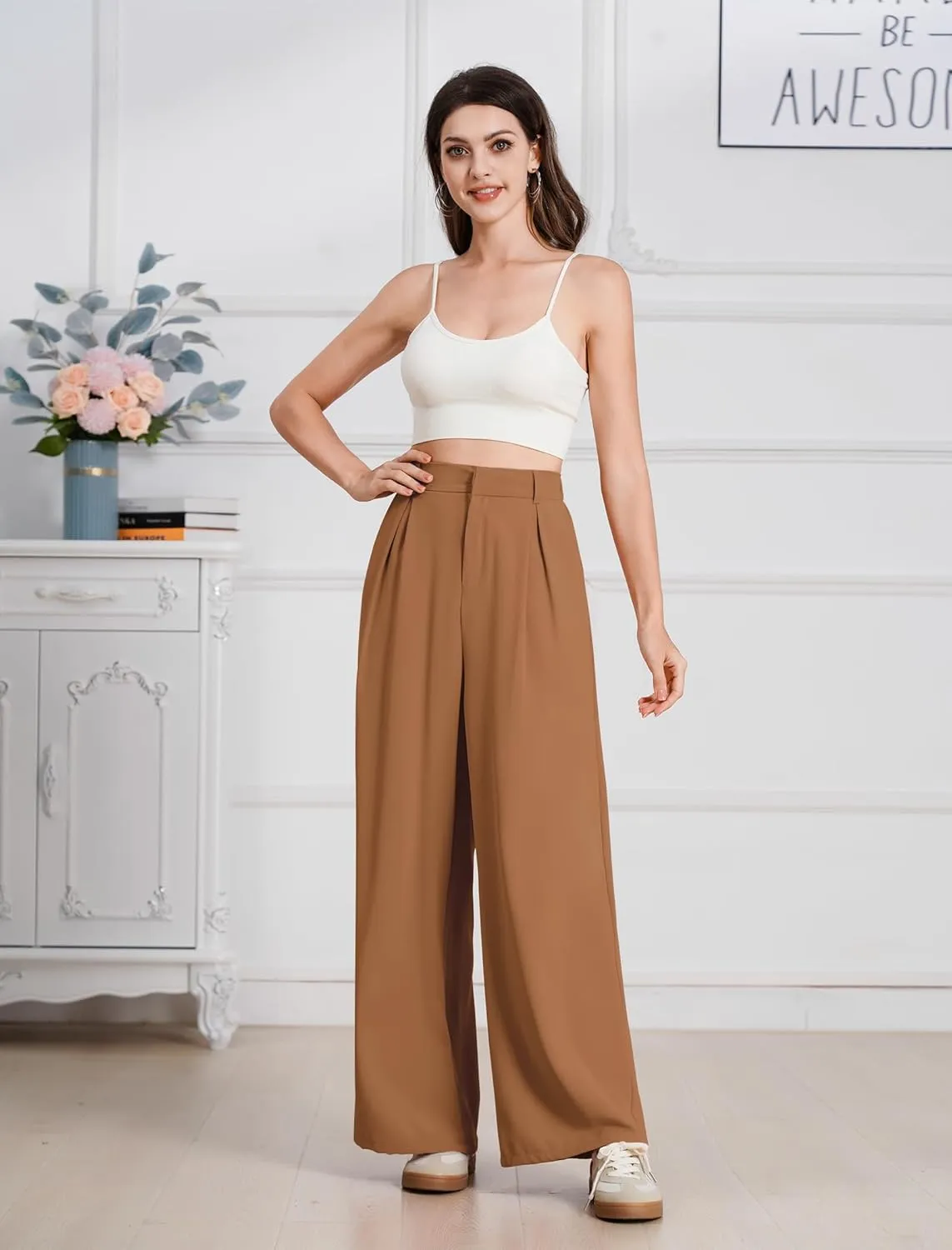 ODIZLI Women Casual Wide Leg Pants Elastic High Waist Dress Pants for Women Straight Trousers Pants