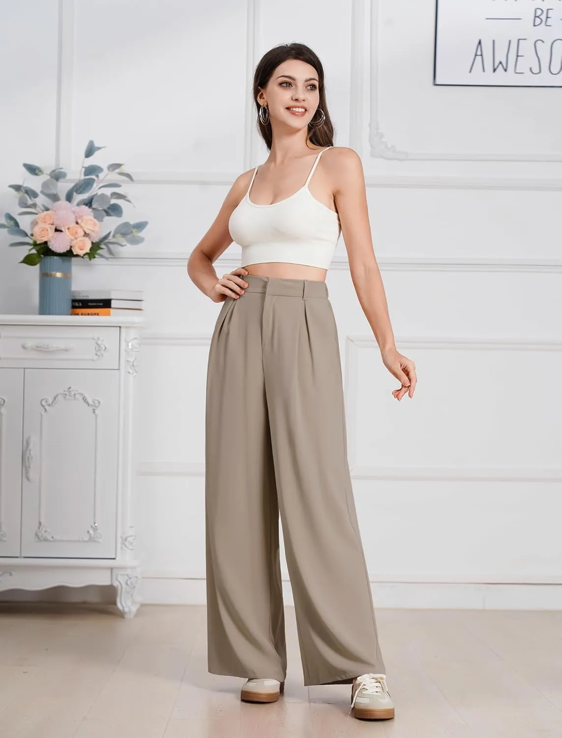 ODIZLI Women Casual Wide Leg Pants Elastic High Waist Dress Pants for Women Straight Trousers Pants