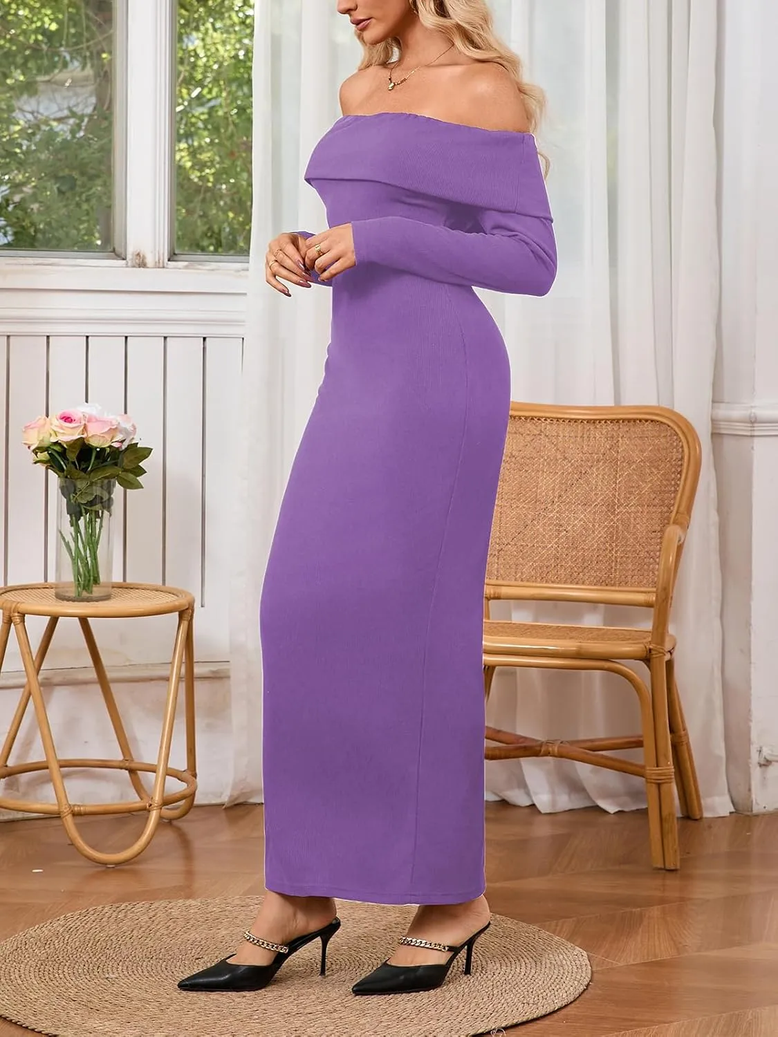 Off Shoulder Dresses for Women Bodycon Long Sleeve Cocktail Party Club Maxi Dresses with Slit