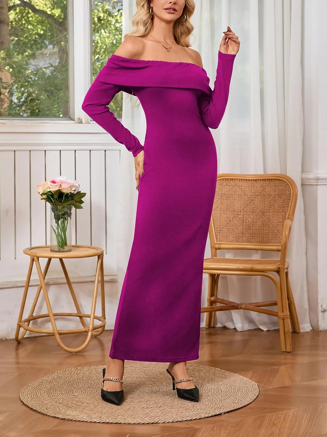 Off Shoulder Dresses for Women Bodycon Long Sleeve Cocktail Party Club Maxi Dresses with Slit