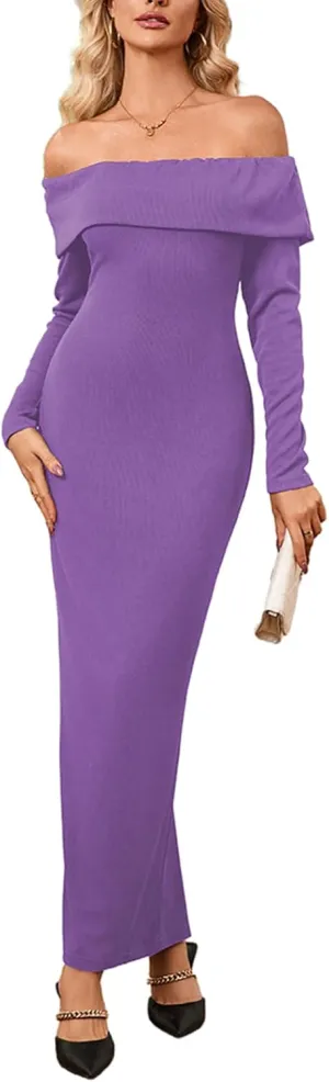 Off Shoulder Dresses for Women Bodycon Long Sleeve Cocktail Party Club Maxi Dresses with Slit