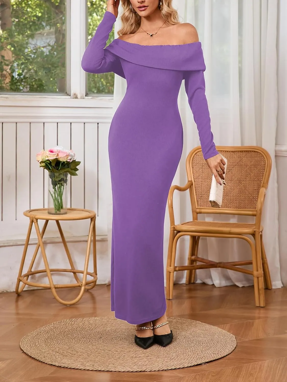 Off Shoulder Dresses for Women Bodycon Long Sleeve Cocktail Party Club Maxi Dresses with Slit