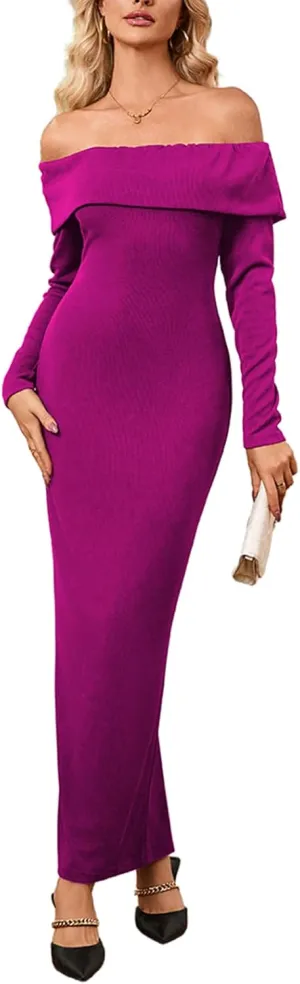 Off Shoulder Dresses for Women Bodycon Long Sleeve Cocktail Party Club Maxi Dresses with Slit