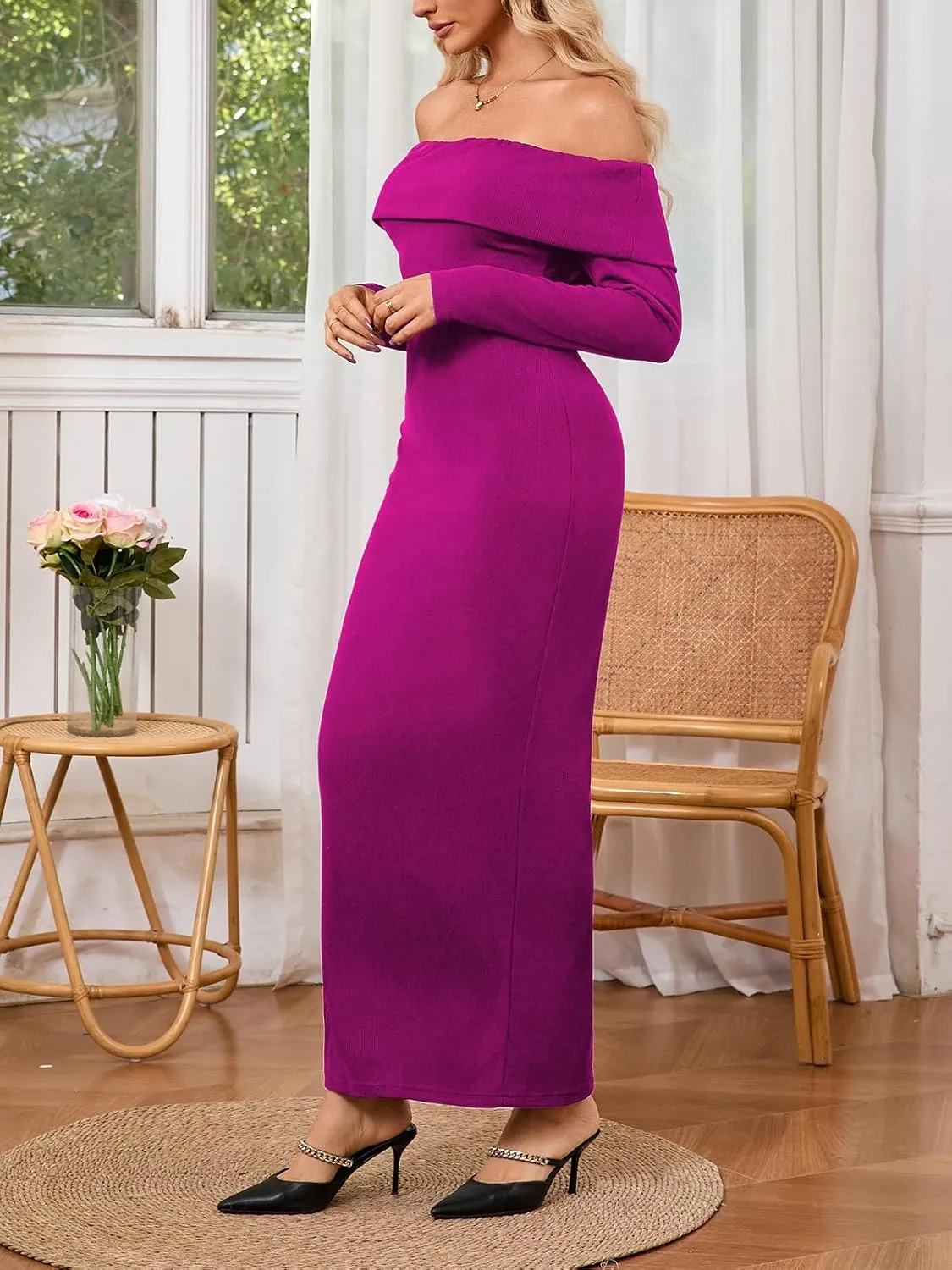 Off Shoulder Dresses for Women Bodycon Long Sleeve Cocktail Party Club Maxi Dresses with Slit
