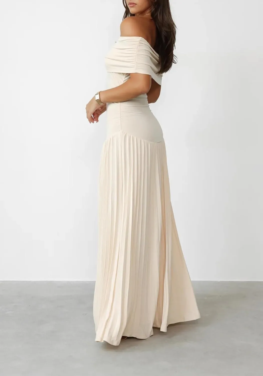 Off The Shoulder Dresses for Women Ruched Bodycon Pleated Maxi Dress Party Evening Club