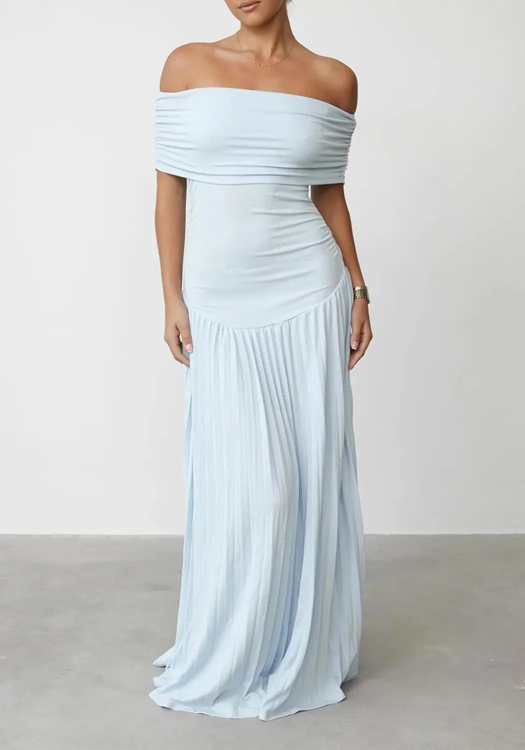 Off The Shoulder Dresses for Women Ruched Bodycon Pleated Maxi Dress Party Evening Club