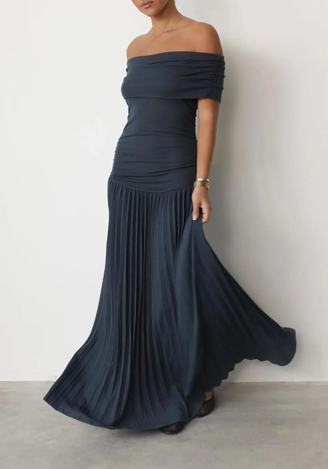 Off The Shoulder Dresses for Women Ruched Bodycon Pleated Maxi Dress Party Evening Club