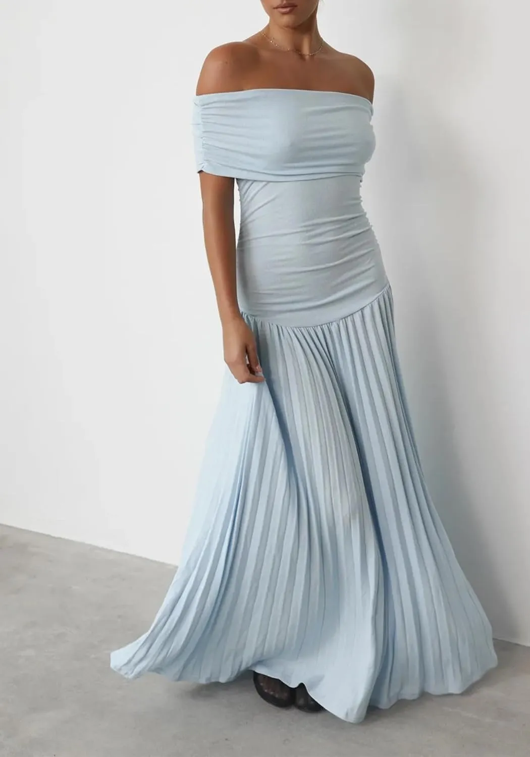 Off The Shoulder Dresses for Women Ruched Bodycon Pleated Maxi Dress Party Evening Club