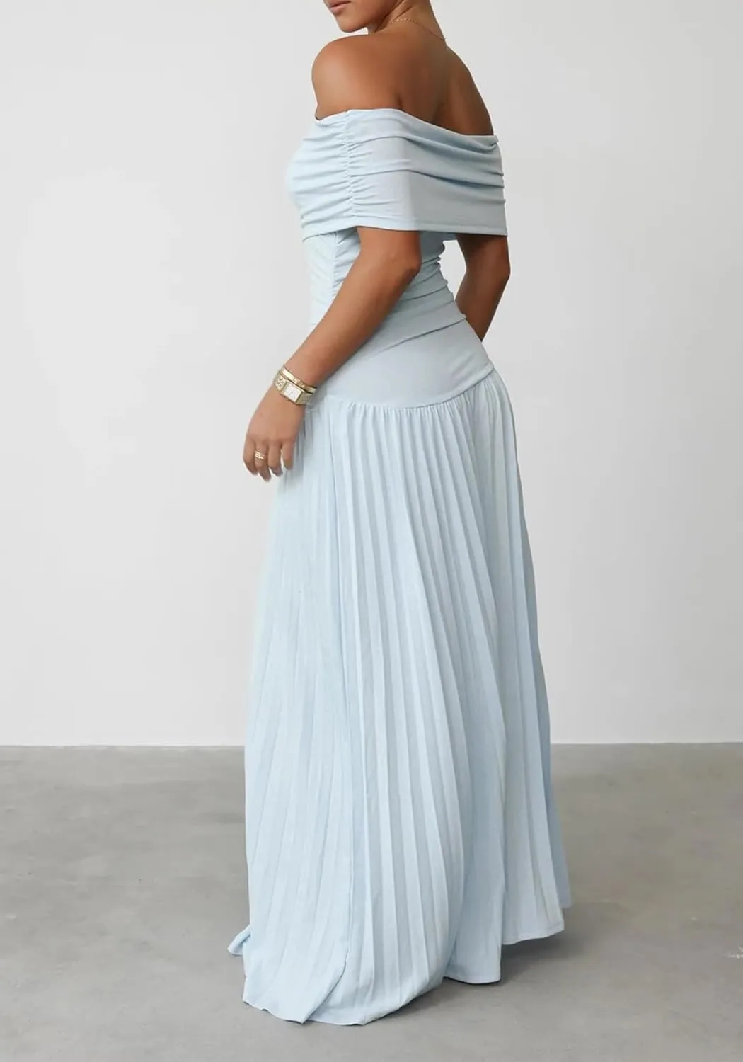 Off The Shoulder Dresses for Women Ruched Bodycon Pleated Maxi Dress Party Evening Club
