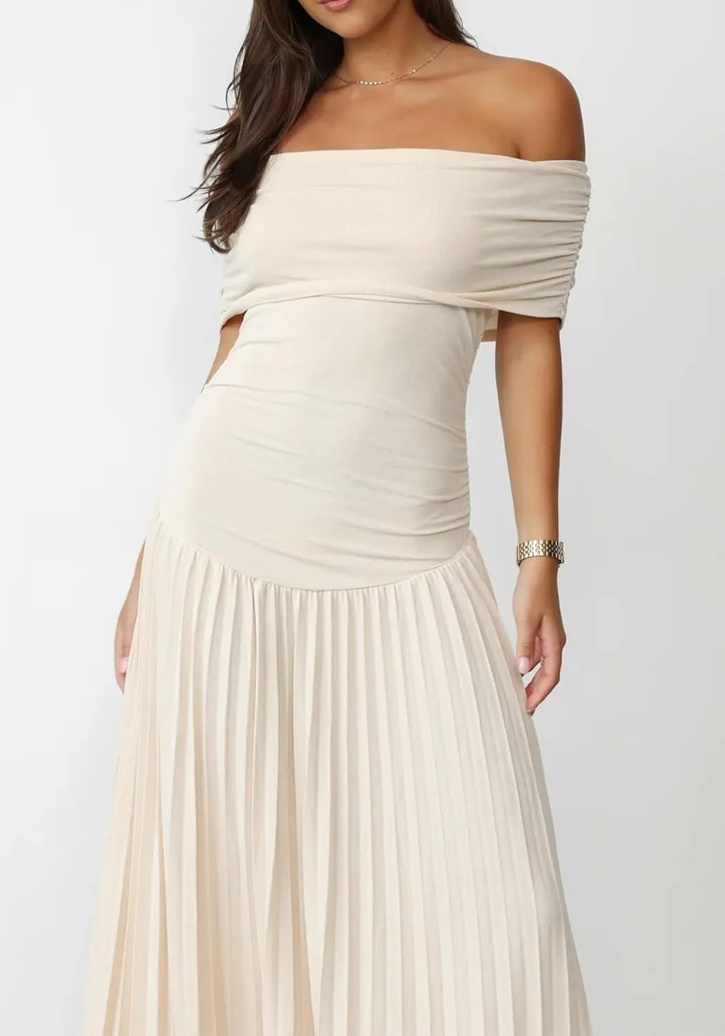Off The Shoulder Dresses for Women Ruched Bodycon Pleated Maxi Dress Party Evening Club