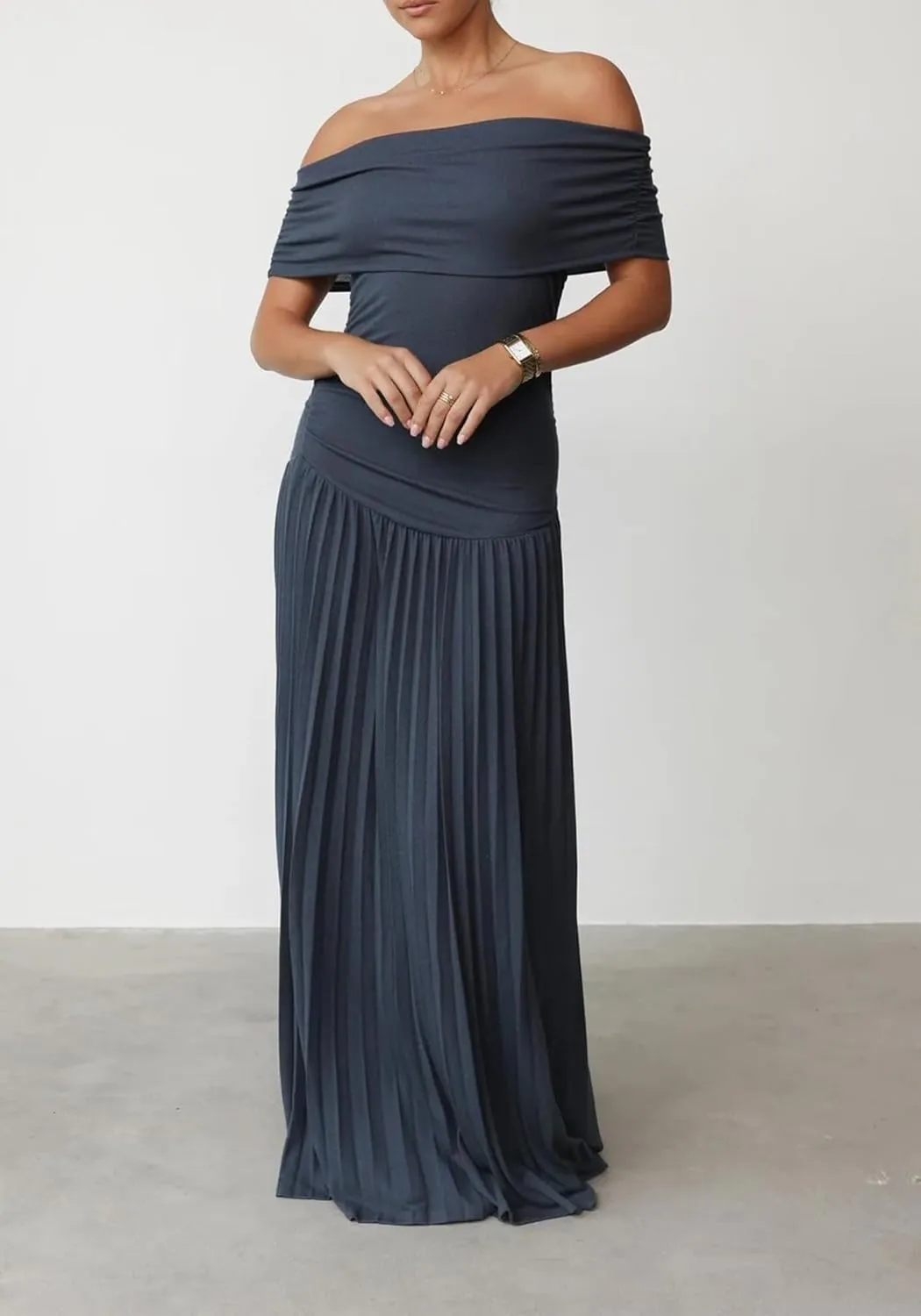 Off The Shoulder Dresses for Women Ruched Bodycon Pleated Maxi Dress Party Evening Club