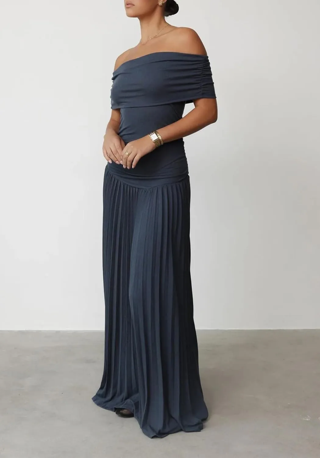 Off The Shoulder Dresses for Women Ruched Bodycon Pleated Maxi Dress Party Evening Club
