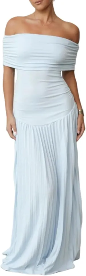 Off The Shoulder Dresses for Women Ruched Bodycon Pleated Maxi Dress Party Evening Club