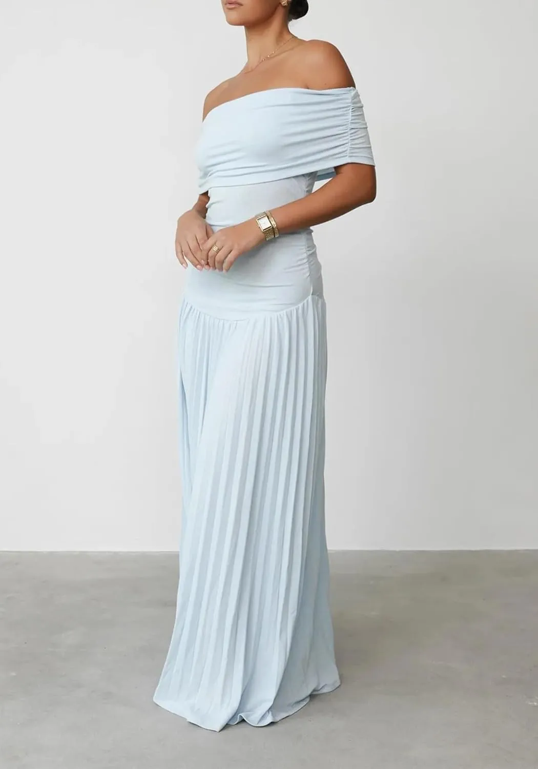 Off The Shoulder Dresses for Women Ruched Bodycon Pleated Maxi Dress Party Evening Club