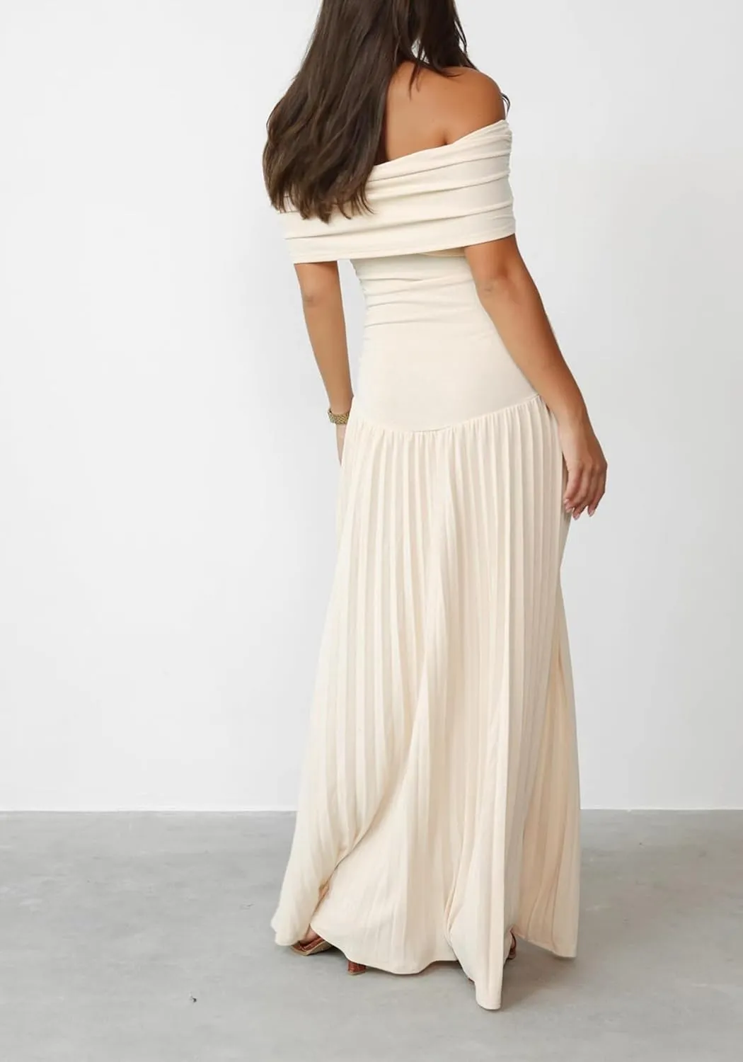 Off The Shoulder Dresses for Women Ruched Bodycon Pleated Maxi Dress Party Evening Club