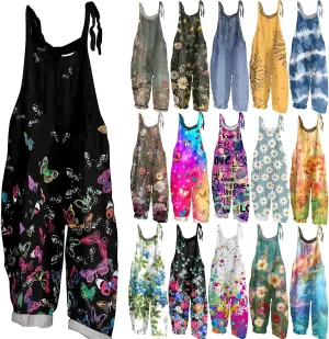 OIOLOYJM Summer Plus Size Floral Boho Bib Cotton Linen Overalls for Women 2025 Hippie Jumpsuits Print Spaghetti Strap Rompers