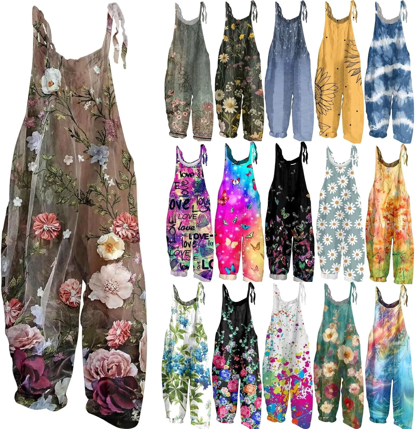 OIOLOYJM Summer Plus Size Floral Boho Bib Cotton Linen Overalls for Women 2025 Hippie Jumpsuits Print Spaghetti Strap Rompers