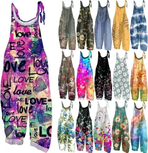 OIOLOYJM Summer Plus Size Floral Boho Bib Cotton Linen Overalls for Women 2025 Hippie Jumpsuits Print Spaghetti Strap Rompers