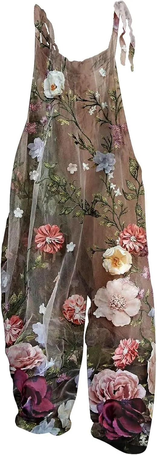 OIOLOYJM Summer Plus Size Floral Boho Bib Cotton Linen Overalls for Women 2025 Hippie Jumpsuits Print Spaghetti Strap Rompers
