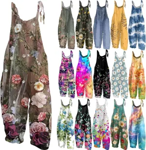 OIOLOYJM Summer Plus Size Floral Boho Bib Cotton Linen Overalls for Women 2025 Hippie Jumpsuits Print Spaghetti Strap Rompers