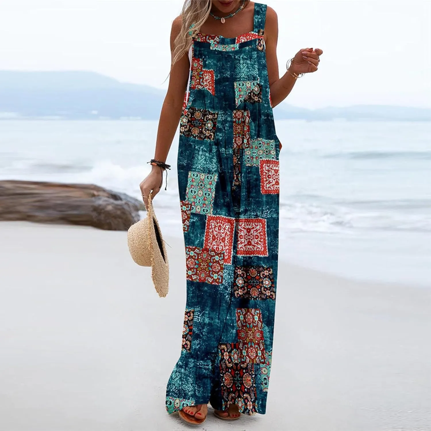 Overalls for Women Casual Loose Summer Rompers Boho Floral Button Straps Wide Leg Boho Floral Wide Leg Jumpsuits Plus