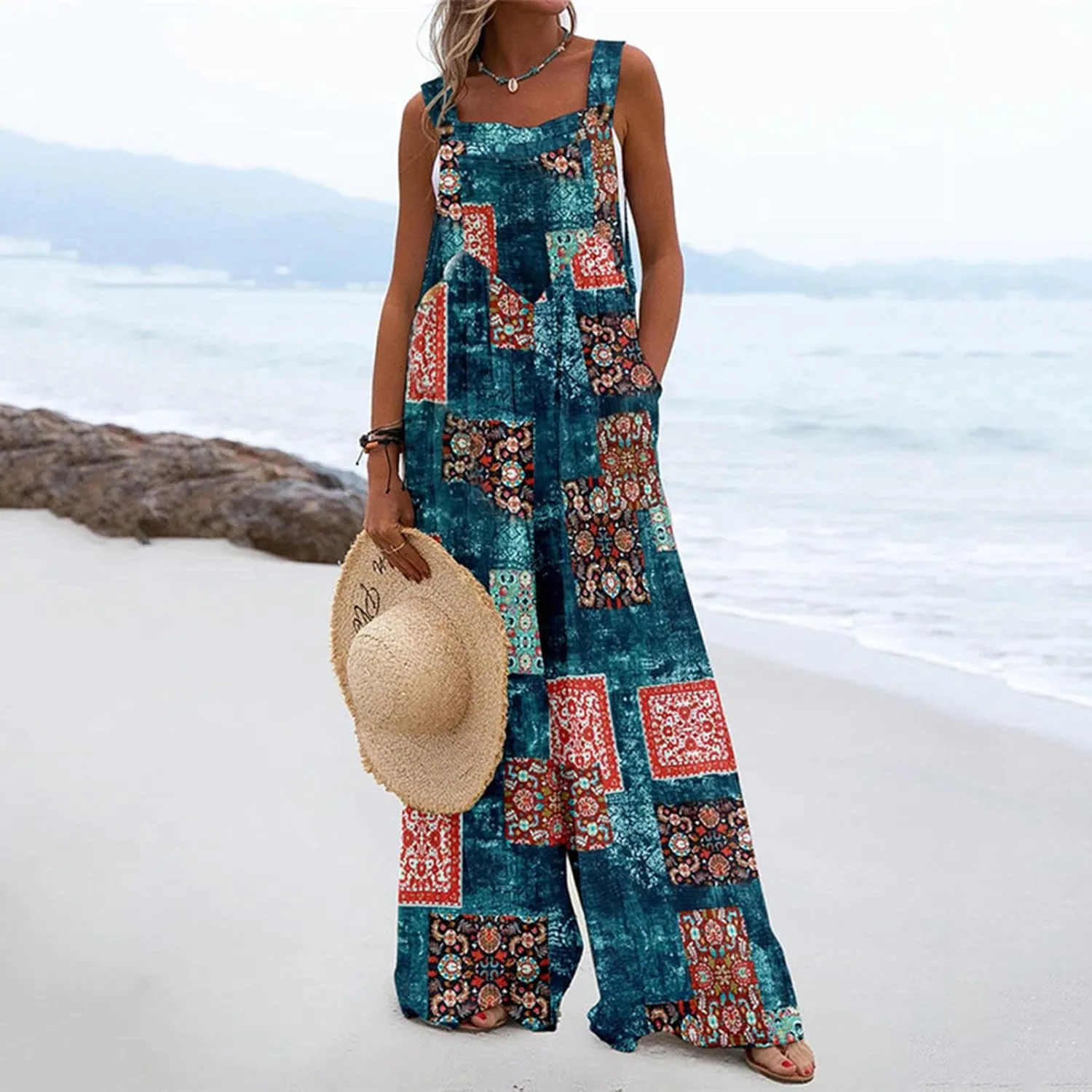 Overalls for Women Casual Loose Summer Rompers Boho Floral Button Straps Wide Leg Boho Floral Wide Leg Jumpsuits Plus