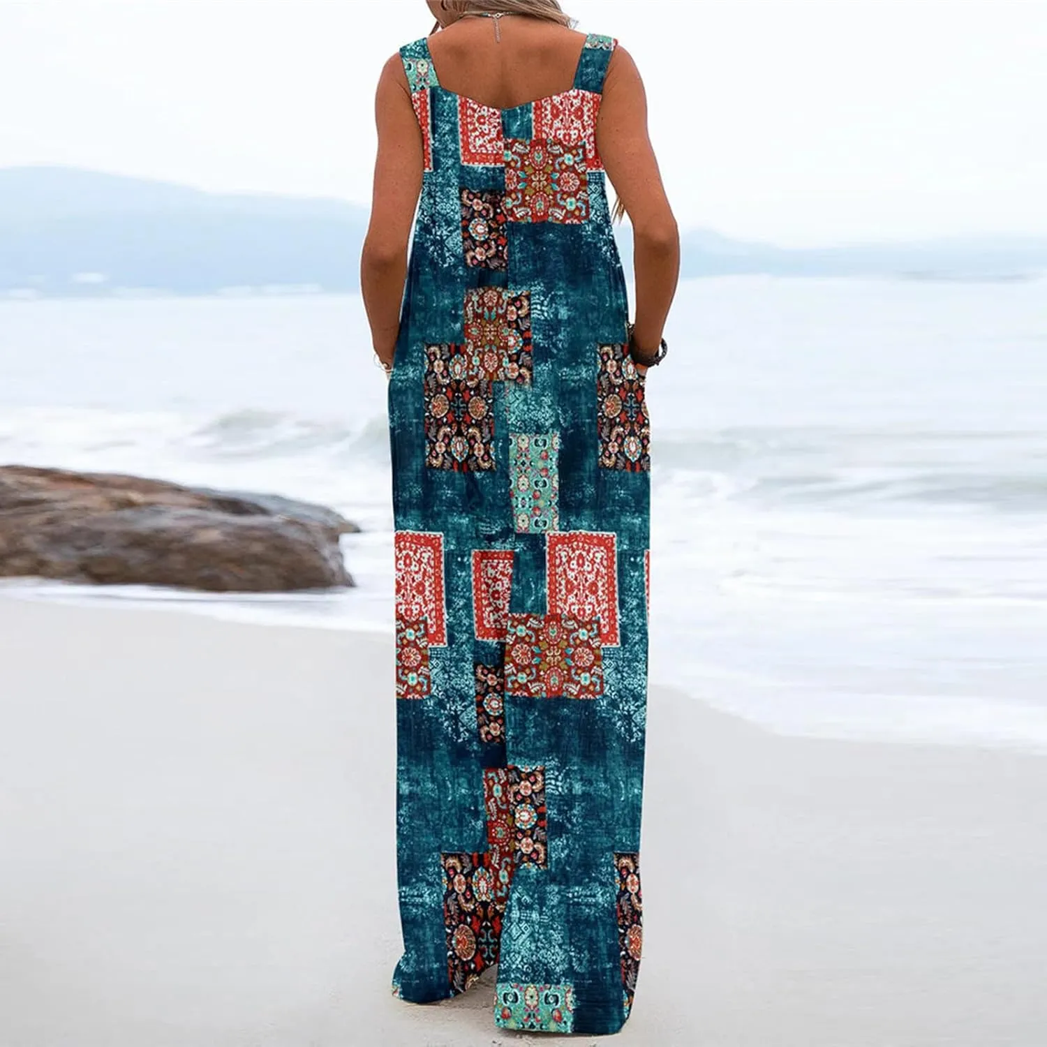 Overalls for Women Casual Loose Summer Rompers Boho Floral Button Straps Wide Leg Boho Floral Wide Leg Jumpsuits Plus