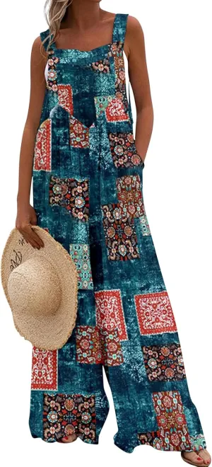 Overalls for Women Casual Loose Summer Rompers Boho Floral Button Straps Wide Leg Boho Floral Wide Leg Jumpsuits Plus