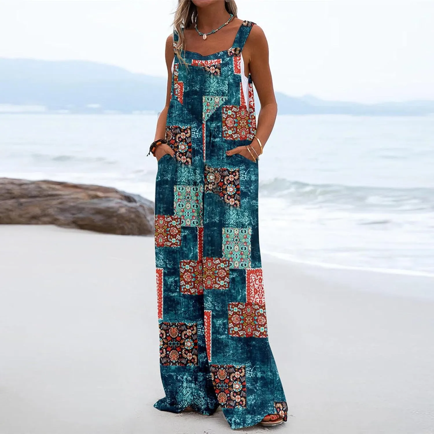 Overalls for Women Casual Loose Summer Rompers Boho Floral Button Straps Wide Leg Boho Floral Wide Leg Jumpsuits Plus