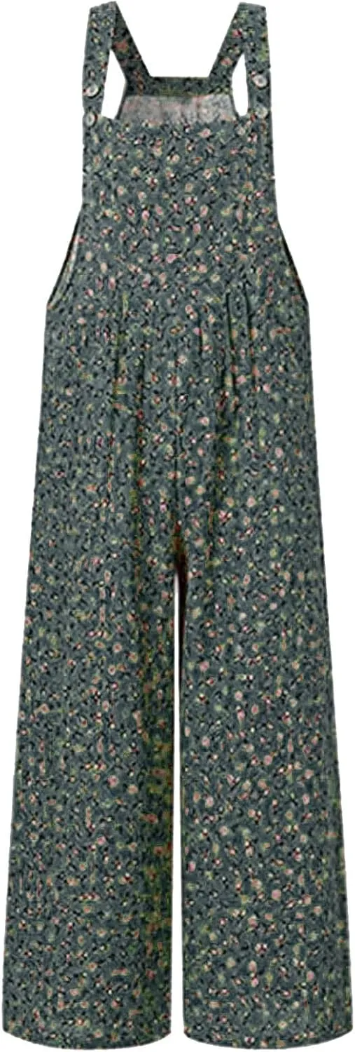 Overalls for Women Linen Casual Sleeveless Jumpsuits Straps Bib Overall Baggy Pleated Palazzo Pants with Pockets