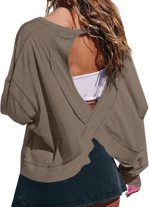 Oversized Open Back Sweatshirts for Womens Gym Backless Long Sleeve Crop Tops Workout Yoga Athletic Shirts Pullover