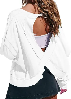 Oversized Open Back Sweatshirts for Womens Gym Backless Long Sleeve Crop Tops Workout Yoga Athletic Shirts Pullover