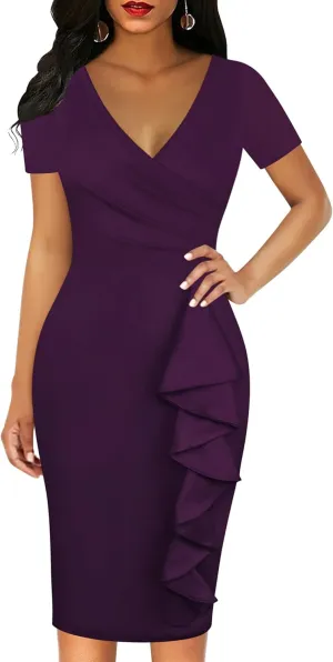 oxiuly Womens V Neck Slim Ruffle Hem Work Pencil Sheath Dress Chic Party Church Bodycon Dresses OX300