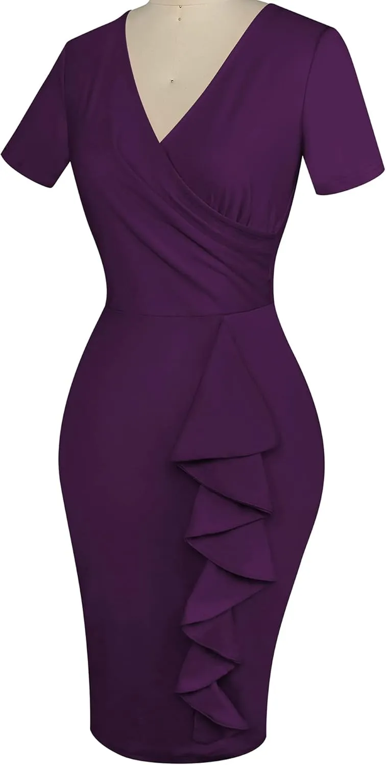 oxiuly Womens V Neck Slim Ruffle Hem Work Pencil Sheath Dress Chic Party Church Bodycon Dresses OX300