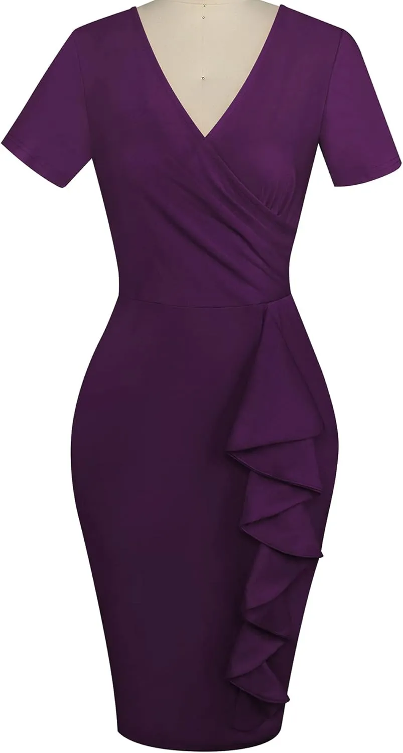oxiuly Womens V Neck Slim Ruffle Hem Work Pencil Sheath Dress Chic Party Church Bodycon Dresses OX300