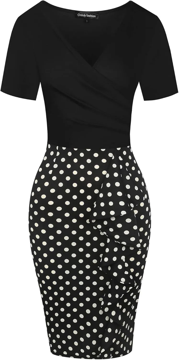oxiuly Womens V Neck Slim Ruffle Hem Work Pencil Sheath Dress Chic Party Church Bodycon Dresses OX300