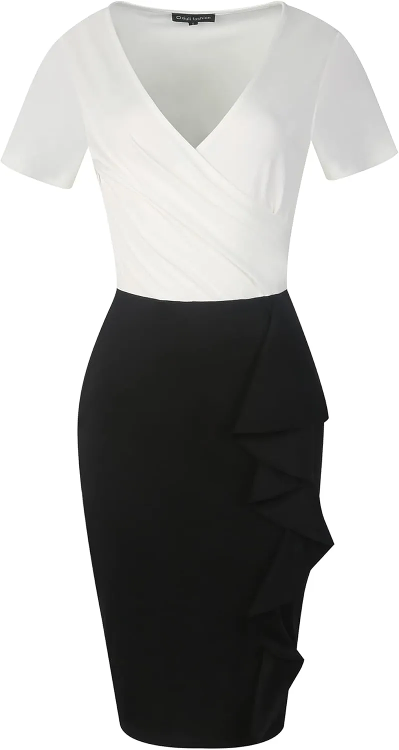 oxiuly Womens V Neck Slim Ruffle Hem Work Pencil Sheath Dress Chic Party Church Bodycon Dresses OX300