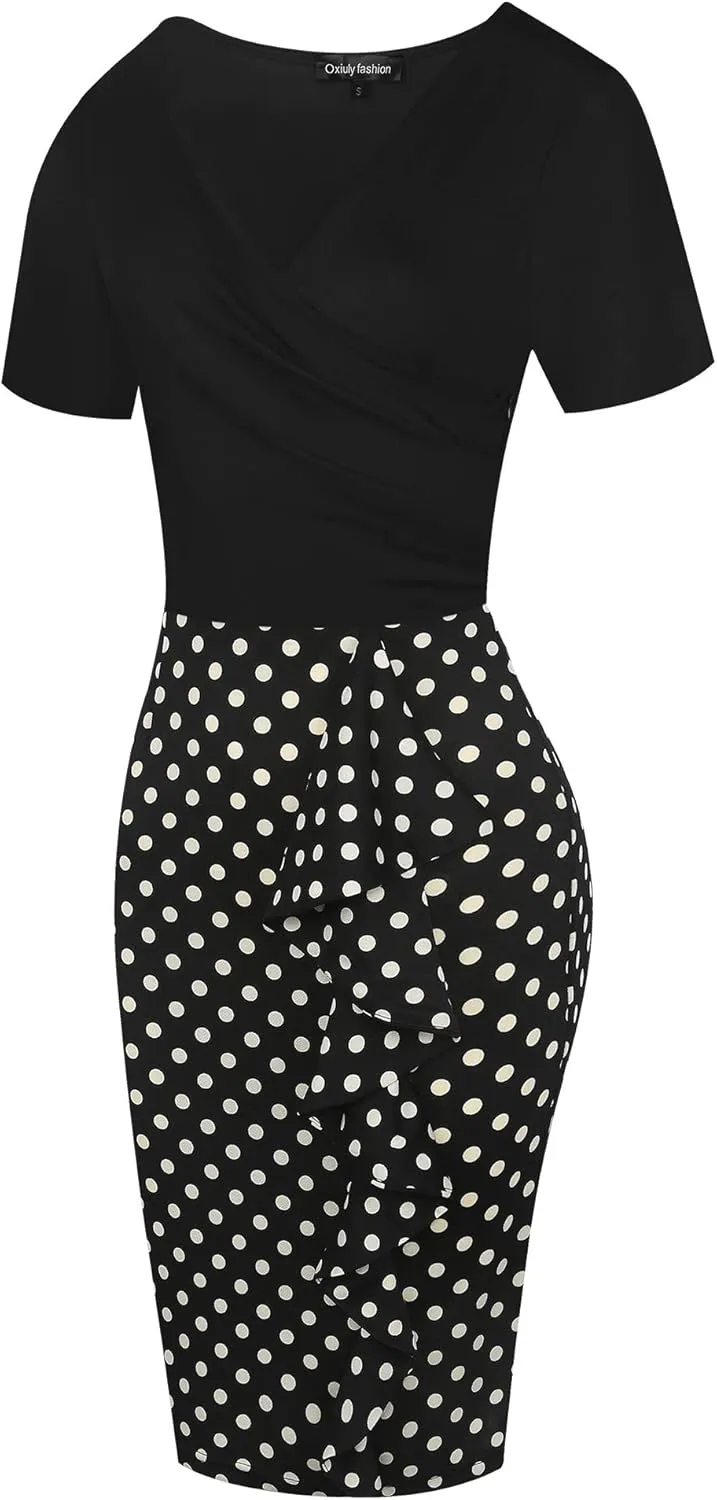 oxiuly Womens V Neck Slim Ruffle Hem Work Pencil Sheath Dress Chic Party Church Bodycon Dresses OX300