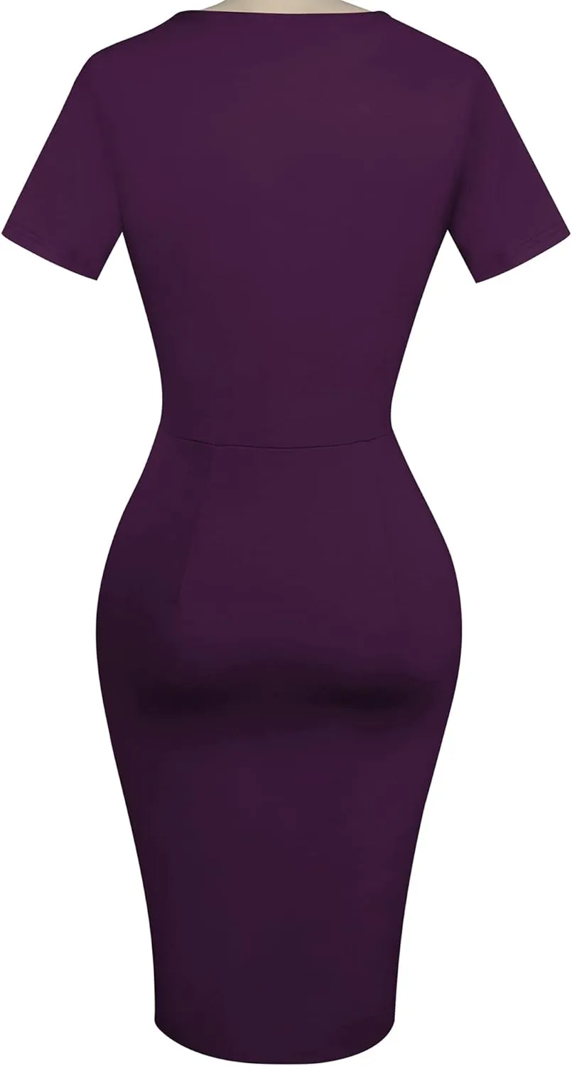 oxiuly Womens V Neck Slim Ruffle Hem Work Pencil Sheath Dress Chic Party Church Bodycon Dresses OX300