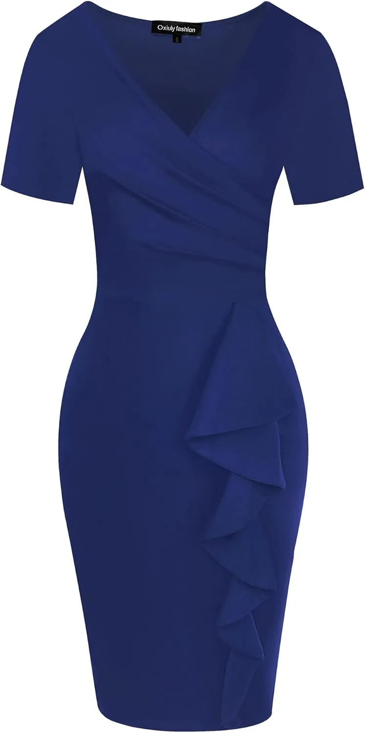 oxiuly Womens V Neck Slim Ruffle Hem Work Pencil Sheath Dress Chic Party Church Bodycon Dresses OX300