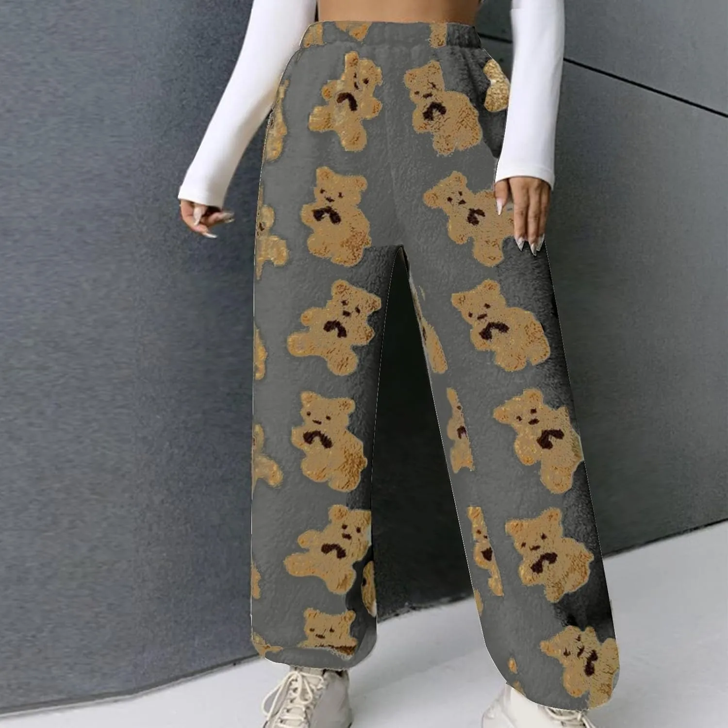 Pajama Pants for Women Cute Teddy Bear Print Sherpa Fleece Lined Pants Loose Fit Lounge Trousers Comfy Wide Leg Pants
