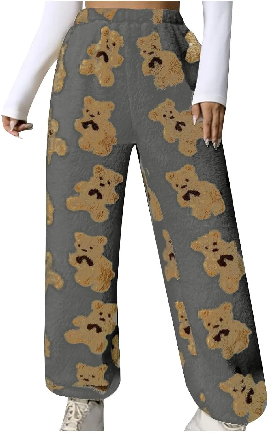Pajama Pants for Women Cute Teddy Bear Print Sherpa Fleece Lined Pants Loose Fit Lounge Trousers Comfy Wide Leg Pants