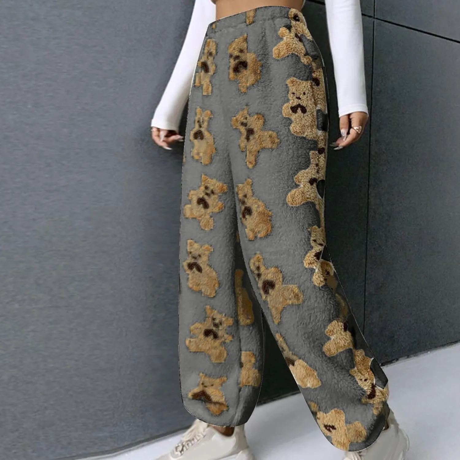 Pajama Pants for Women Cute Teddy Bear Print Sherpa Fleece Lined Pants Loose Fit Lounge Trousers Comfy Wide Leg Pants