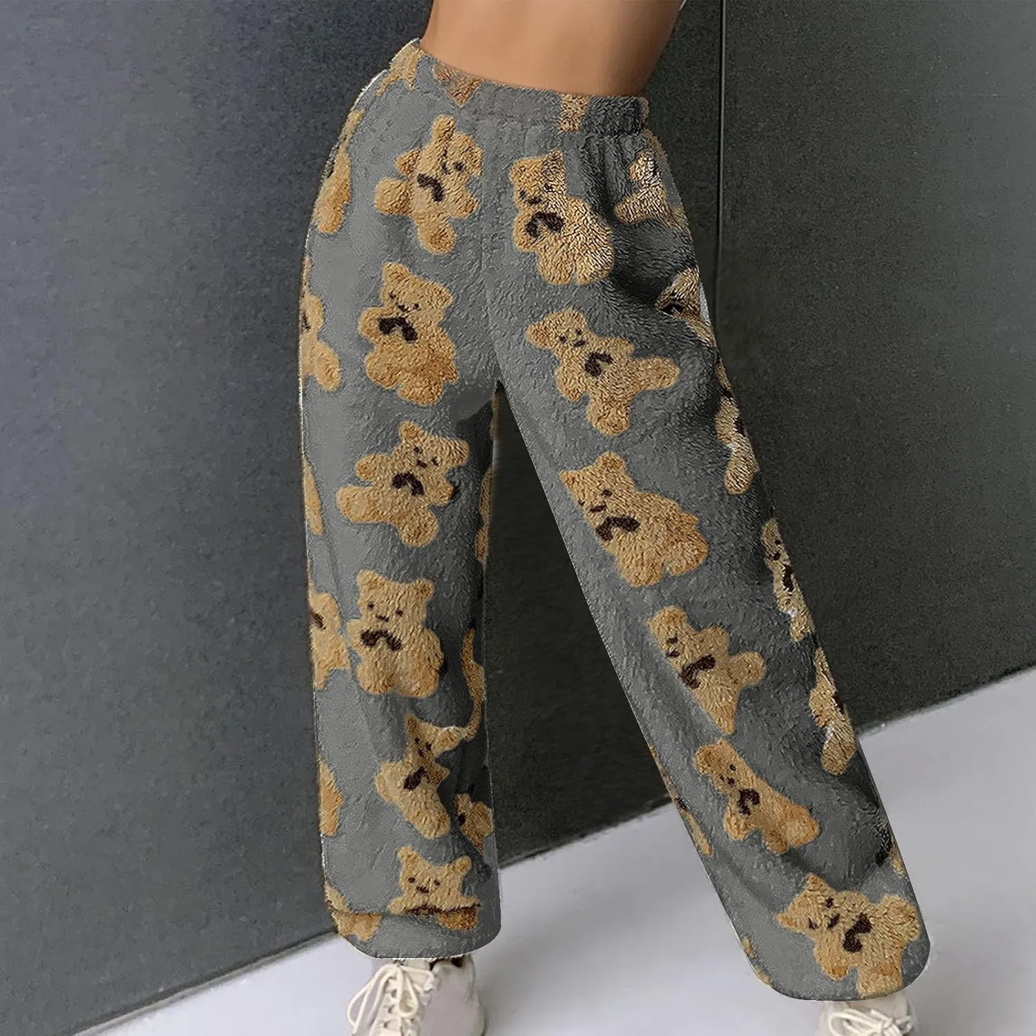 Pajama Pants for Women Cute Teddy Bear Print Sherpa Fleece Lined Pants Loose Fit Lounge Trousers Comfy Wide Leg Pants