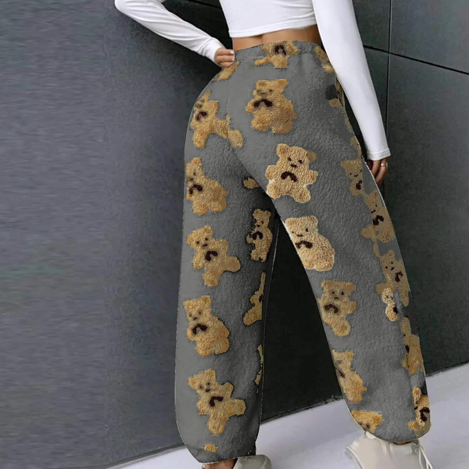 Pajama Pants for Women Cute Teddy Bear Print Sherpa Fleece Lined Pants Loose Fit Lounge Trousers Comfy Wide Leg Pants