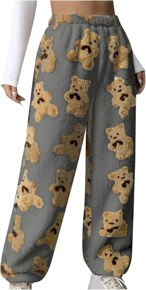 Pajama Pants for Women Cute Teddy Bear Print Sherpa Fleece Lined Pants Loose Fit Lounge Trousers Comfy Wide Leg Pants