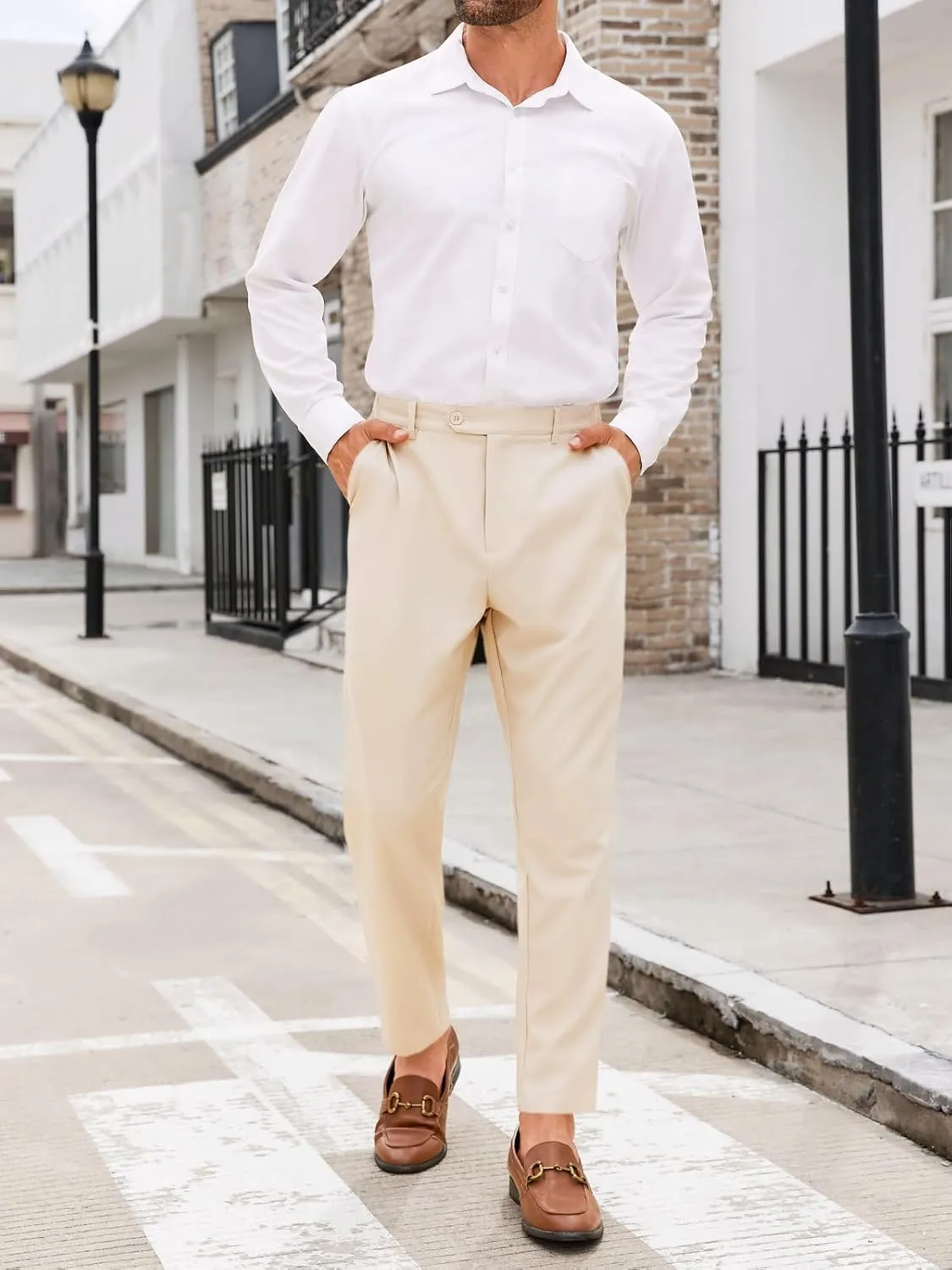 PASLTER Mens Chinos Pants Slim Fit Pleat Front Skinny Elastic Waist Dress Work Suit Pants Classic Slacks